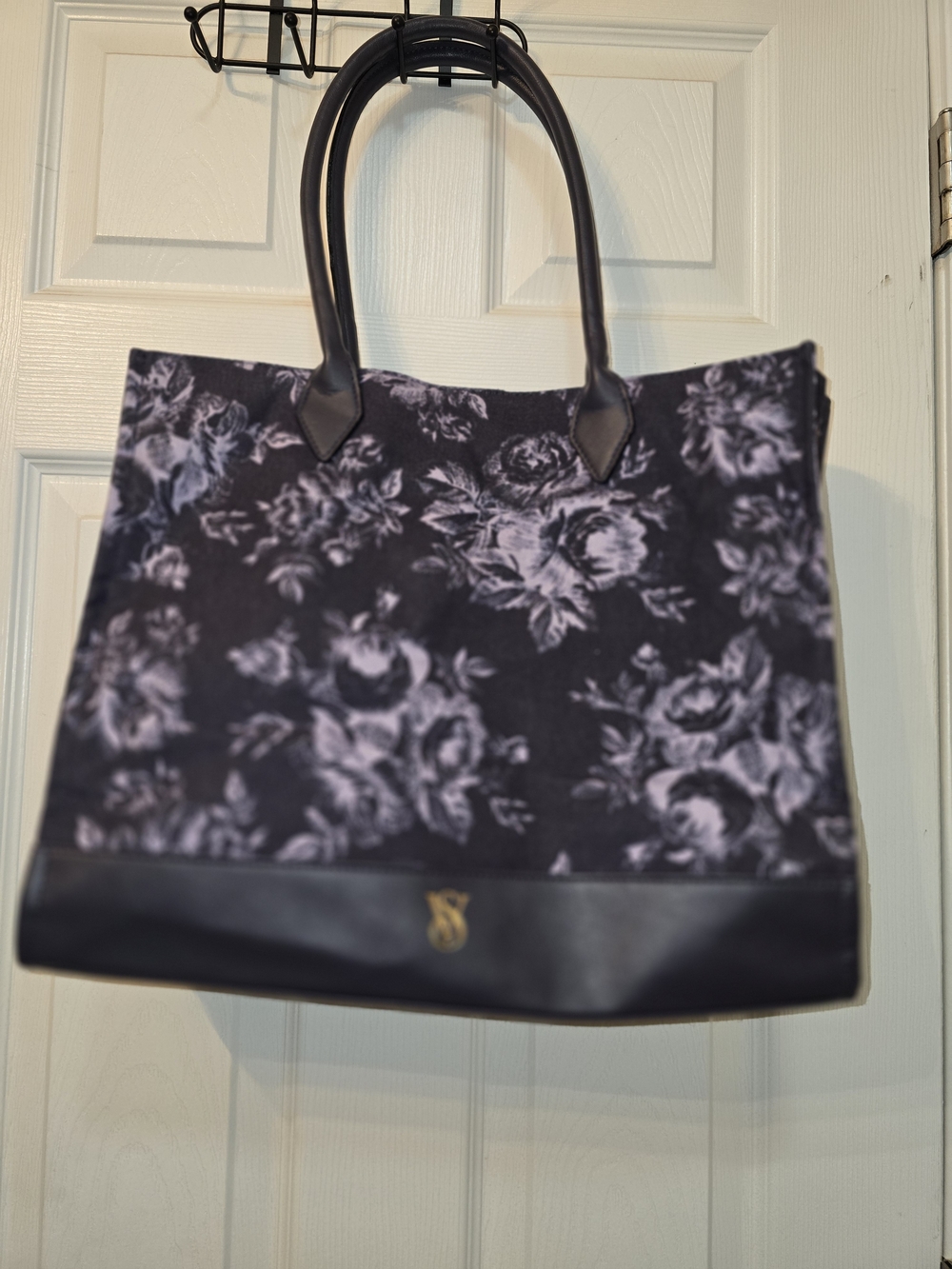 Victoria's Secret Floral Black Canvas Tote Bag with Leather Trim